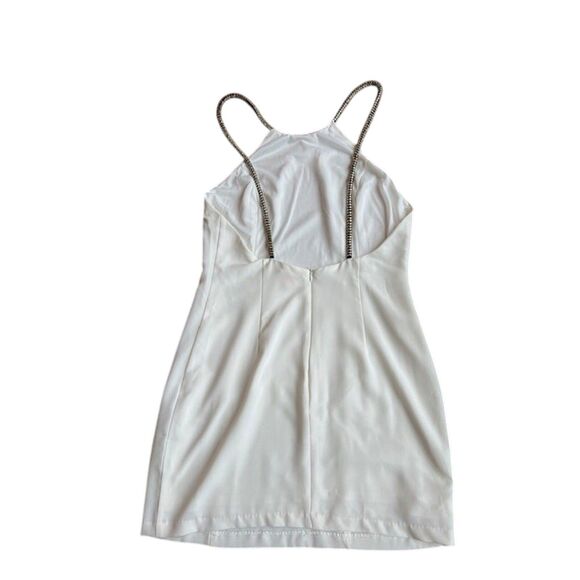 White Halter Mini Dress with Rhinestone Straps by En Creme Size M Fully Lined - Picture 7 of 12